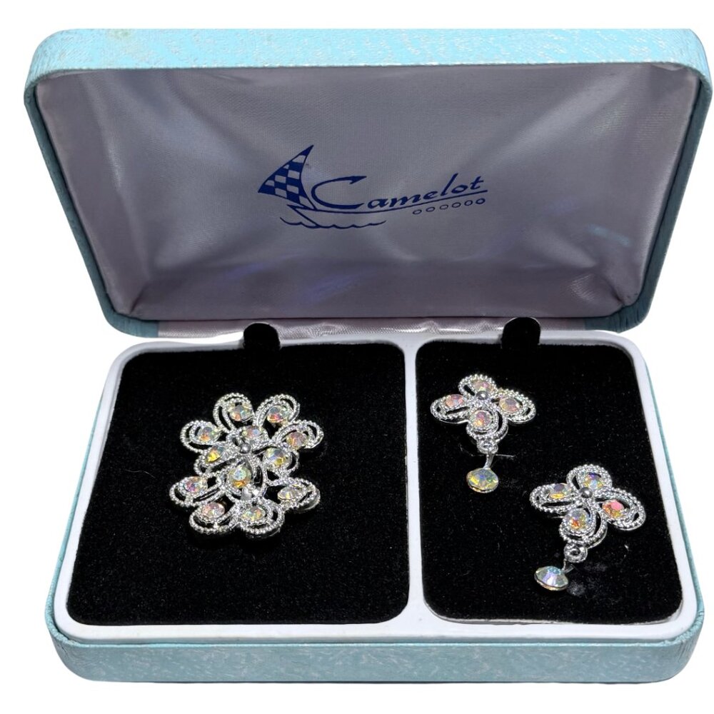 Vintage Camelot Aurora Borealis Rhinestone Brooch & Earrings Set | 1960s | Boxed